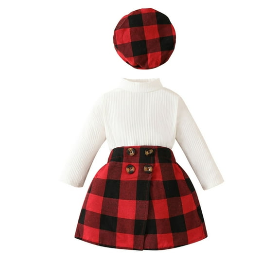 Odeerbi 6M-4Y Toddler Girls Cotton Outfits Long Sleeve Mock Neck Tops Plaid Skirt with Beret Hat Three-piece Set Casual Skirt Set Toddler Girls Clothes