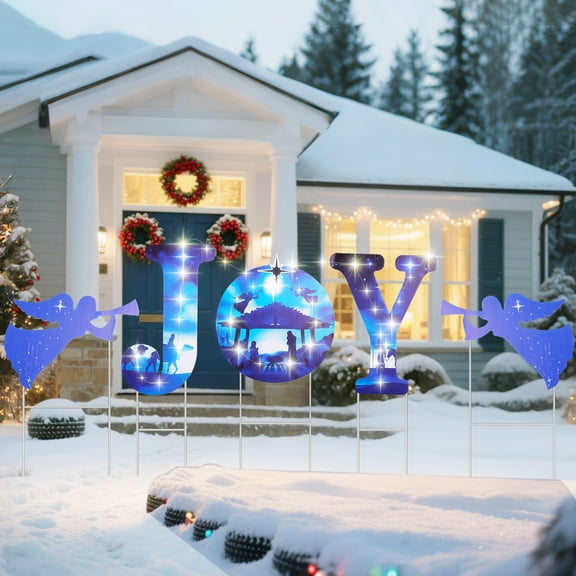 urorentea 5 Pcs Outdoor Christmas Nativity Scene Yard Signs, JOY Christmas Holy Nativity Yard Sign with Metal Stakes and LED String, Merry Christmas Outdoor Lawn Garden Decoration