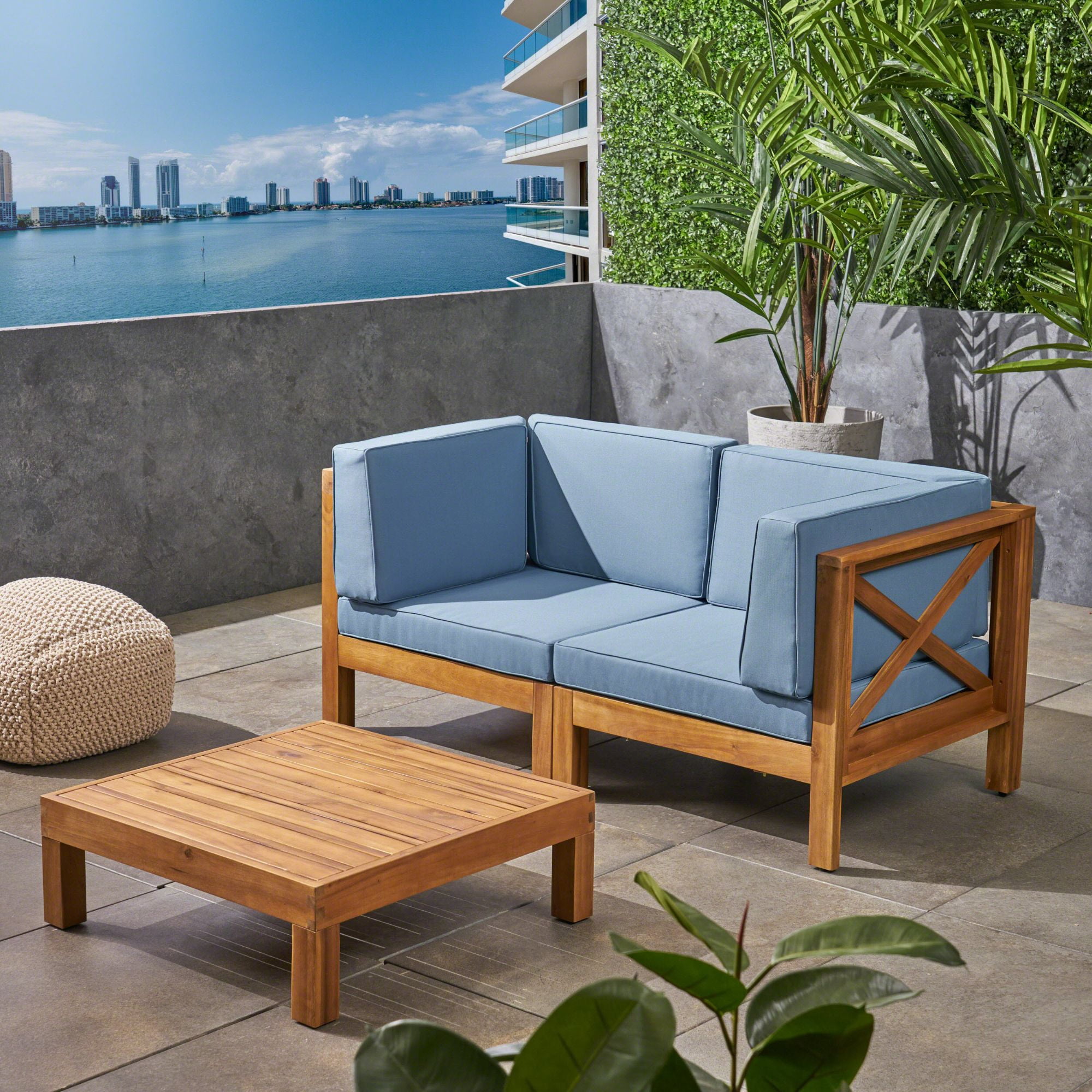 Contemporary Home Living 3-Piece Teak Brown Contemporary Outdoor Furniture Patio Conversation Set -