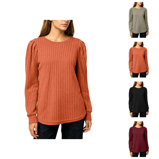 Womens Long Sleeve Shirts 2026 Spring Fashion Crewneck Basic Ribbed Knit Casual T Shirts Blouse