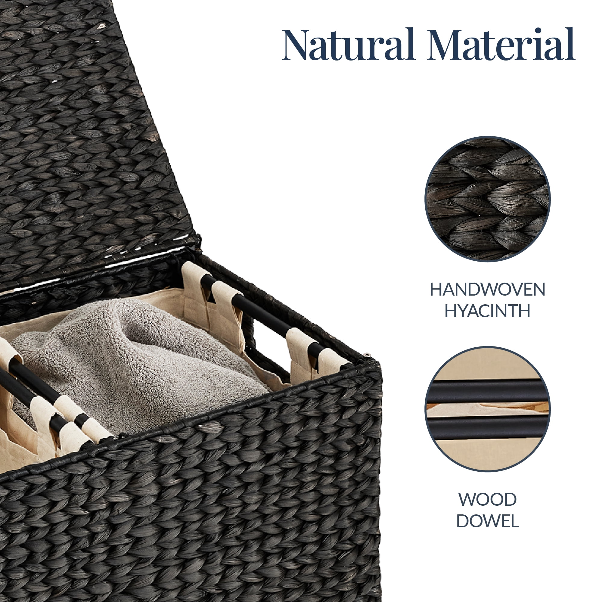 Best Choice Products Large Natural Water Hyacinth Double Laundry Hamper Basket w/ 2 Liner Bags, Handles - Black