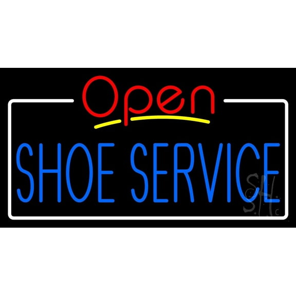 Blue Shoe Service Open LED Neon Sign 20 x 37 - inches, Black Square Cut Acrylic Backing, with Dimmer - Bright and Premium built indoor LED Neon Sign for store interior Décor, Storefront.