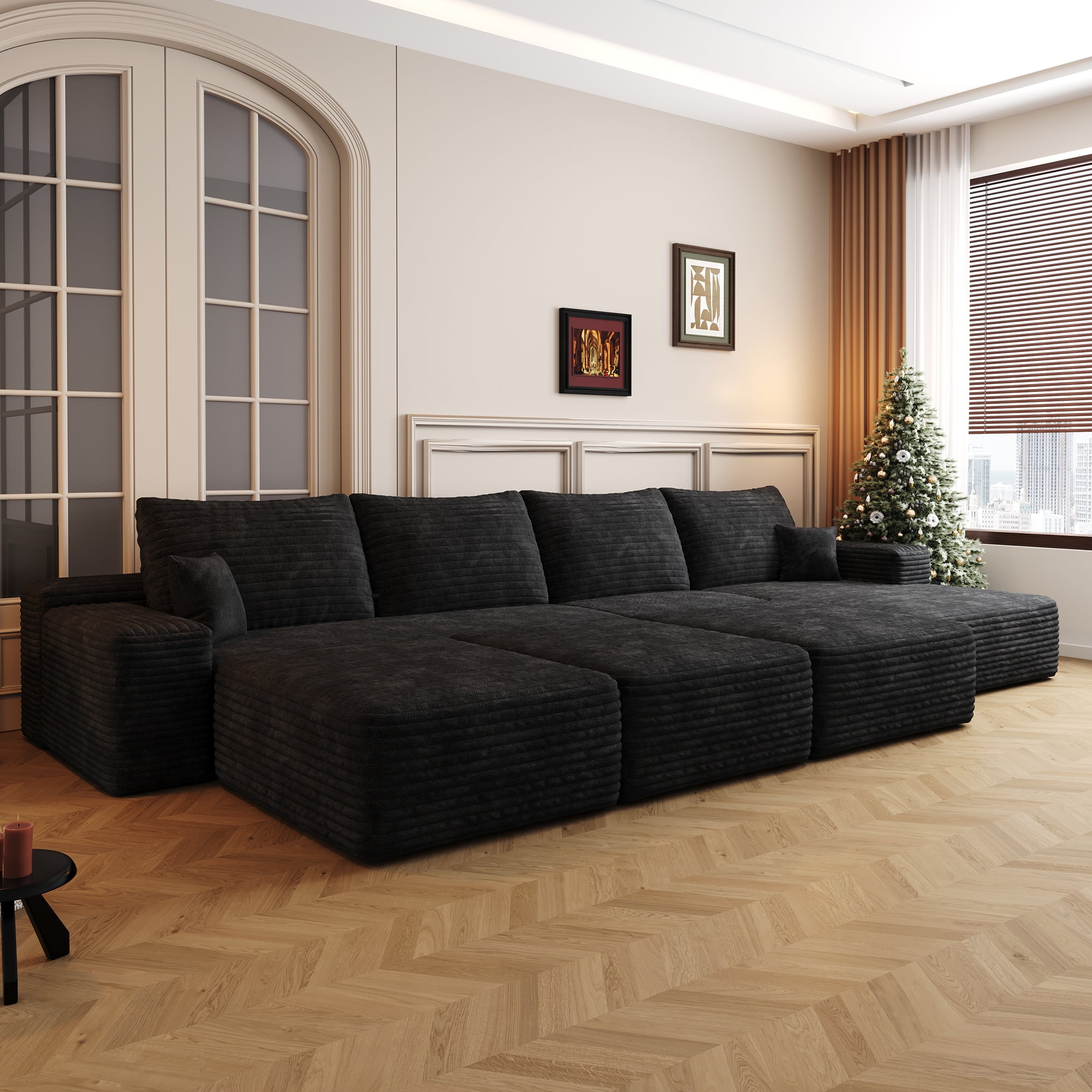 MAYEERTY 135" Black Large 6-Seat Modular Cloud Sofa No Assembly Stylish Oversized Furniture