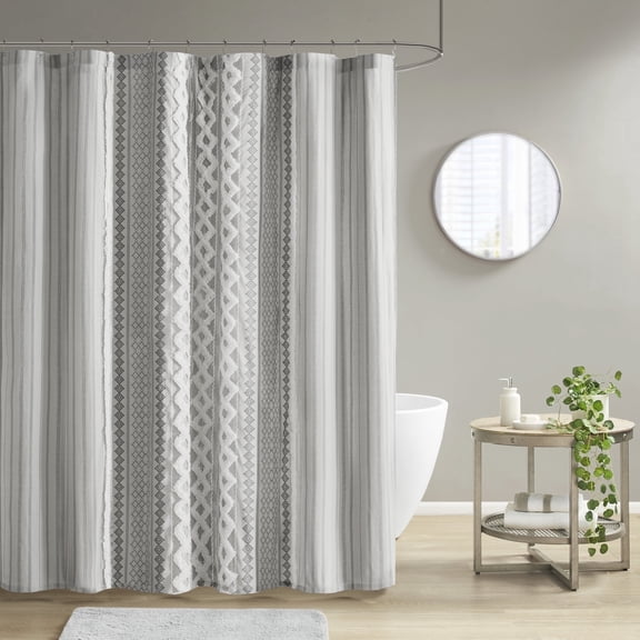 INK IVY Imani Printed Shower Curtains with Chenille, Cotton Shower Curtain, Gray, 72" x 72"