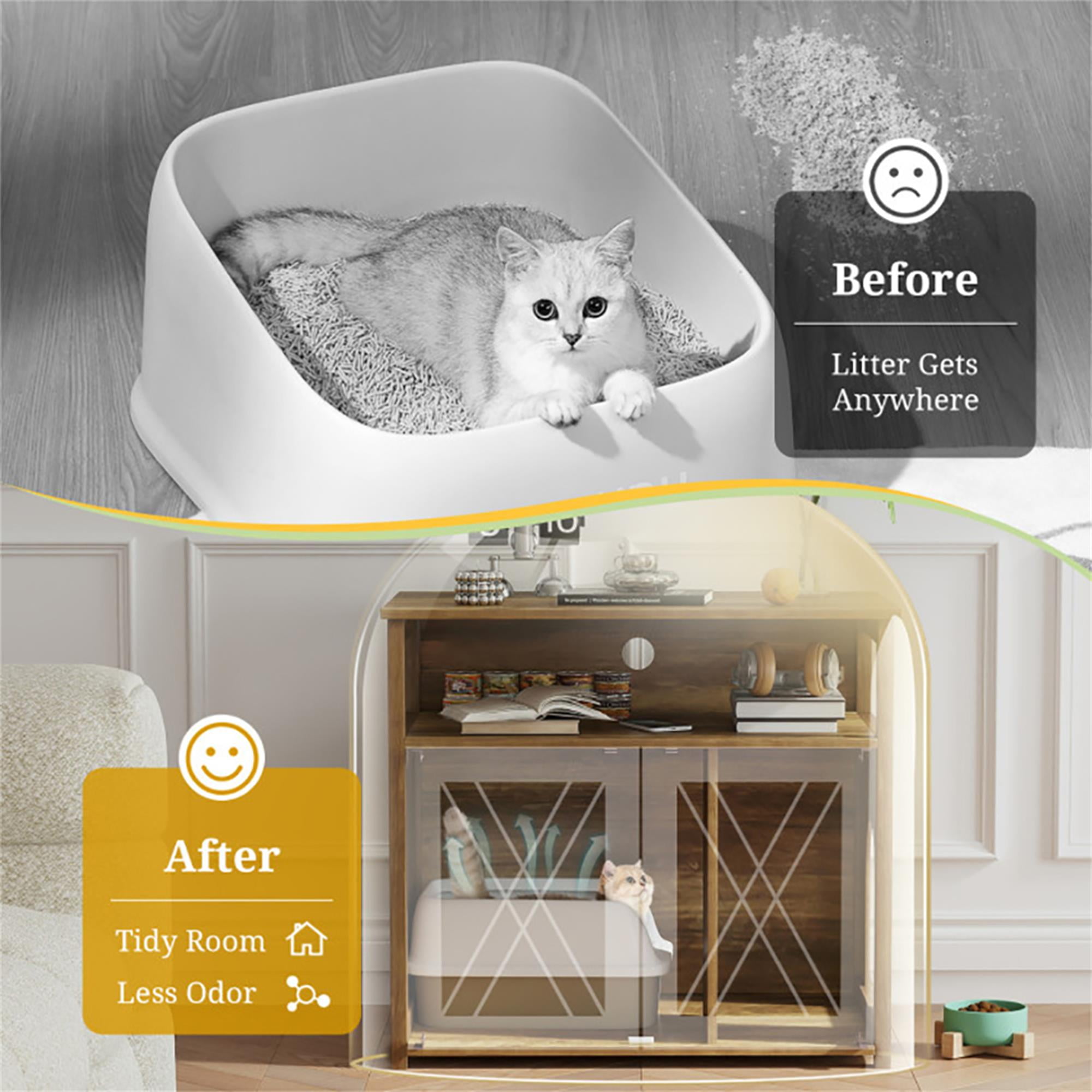 Kadyn 31.5" Cat Litter Box Enclosure, Hidden Cat Litter Box Furniture with Double Barn Doors Divider, Hidden Cat House Washroom with Storage Shelf, Brown
