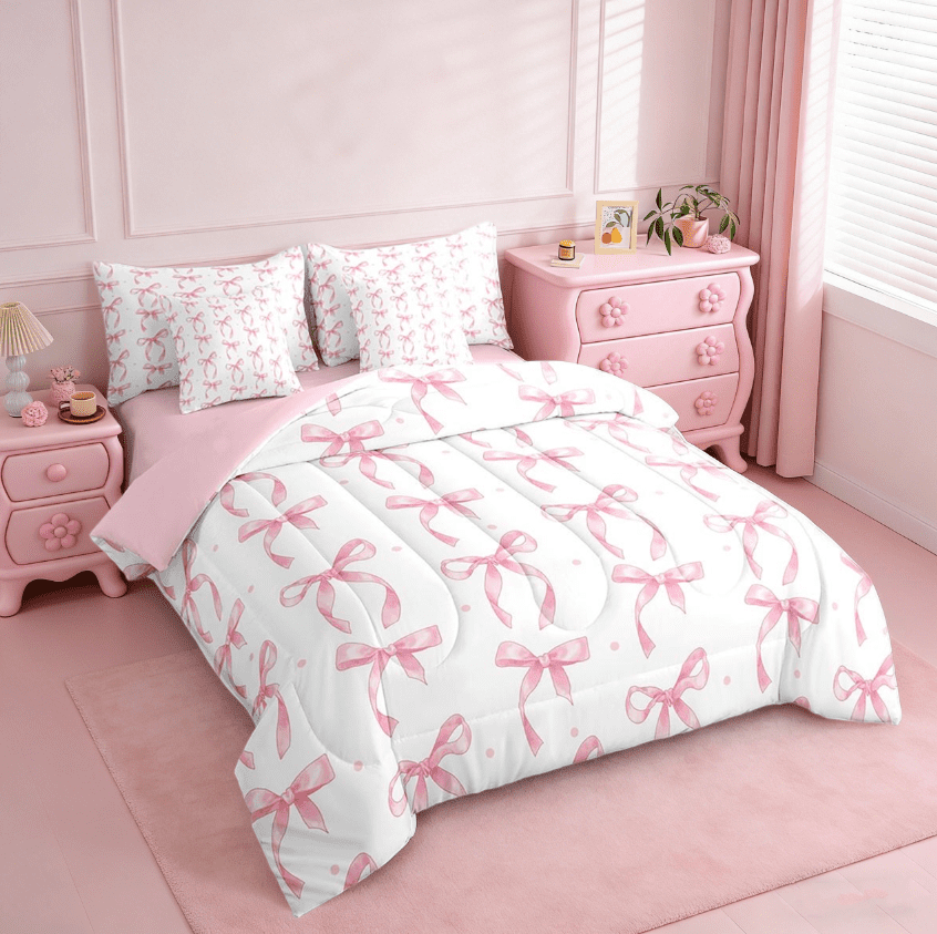 Manfei Pink Bow Comforter Set for Girls,Cute Ribbon Bowknot Bedding Set 7Pcs,Chic Aesthetic Princess Room Decor,All Season Cozy Quilt for Kids Bedroom,Twin Size,Pink Reversible