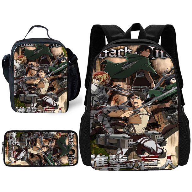 Juego de 3 piezas de Anime Attack on Titan para niños, mochila escolar con fiambreras, bolsas de lápices, mochilas escolares para niños y niñas, el mejor regalo