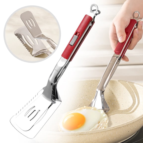 11.42-inch Anti-Scald Serrated Spatula Tongs Multi-Functional Stainless Steel Cooking Tongs, Suitable For Flipping Steaks Fish Bread Burgers Barbecue Pancakes Pies And Pizza(Red)
