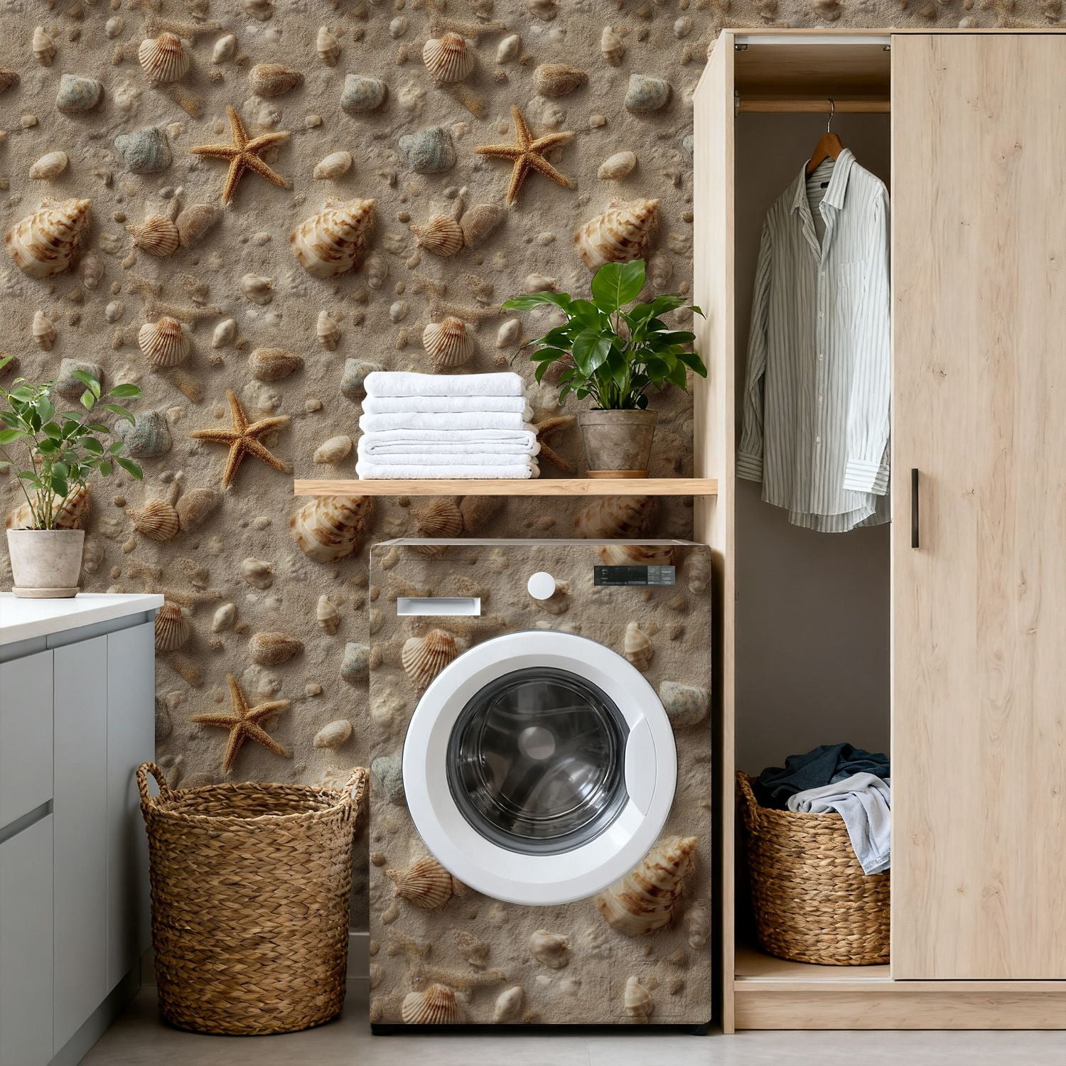 Peel and Stick Wallpaper Seashells Starfish Sandy Beach Surface coastal Wall Mural 17.7in x 9.8ft Self Adhesive Removable Wall Paper Renter Friendly Wallpaper for Bedroom Livingroom Office Studio