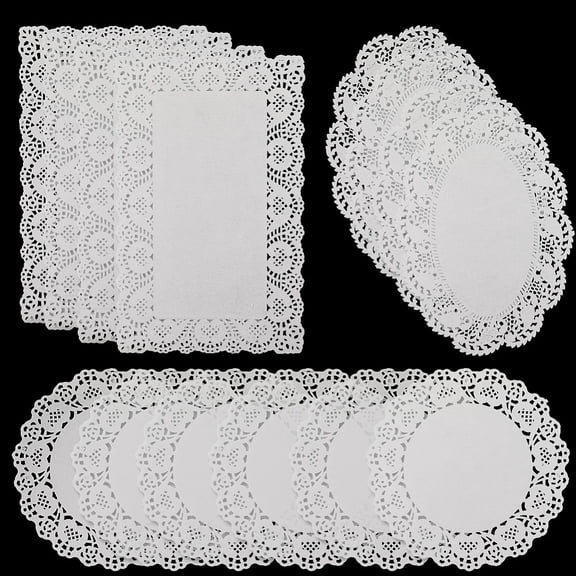 150pcs White Rectangle Round Paper Doilies Greaseproof Lace Paper Doilies Disposable Placemats Decoration for Baking Dessert