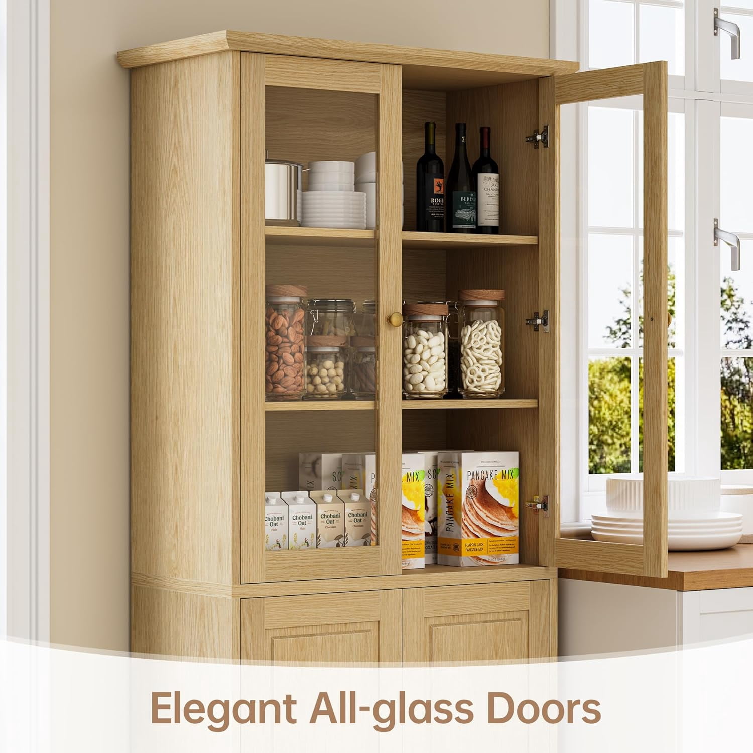 SELOOYE Kitchen Pantry Cabinet, 71" Modern Glass Display Cabinet with Wood Doors, Tall Storage Cabinet with Adjustable Shelves, Freestanding Cupboard for Living Room, Dining Room, Kitchen, Natural