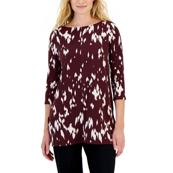 Alfani Petite Printed Boat Neck 3/4 Sleeve Tunic Mila Animal Wine PS