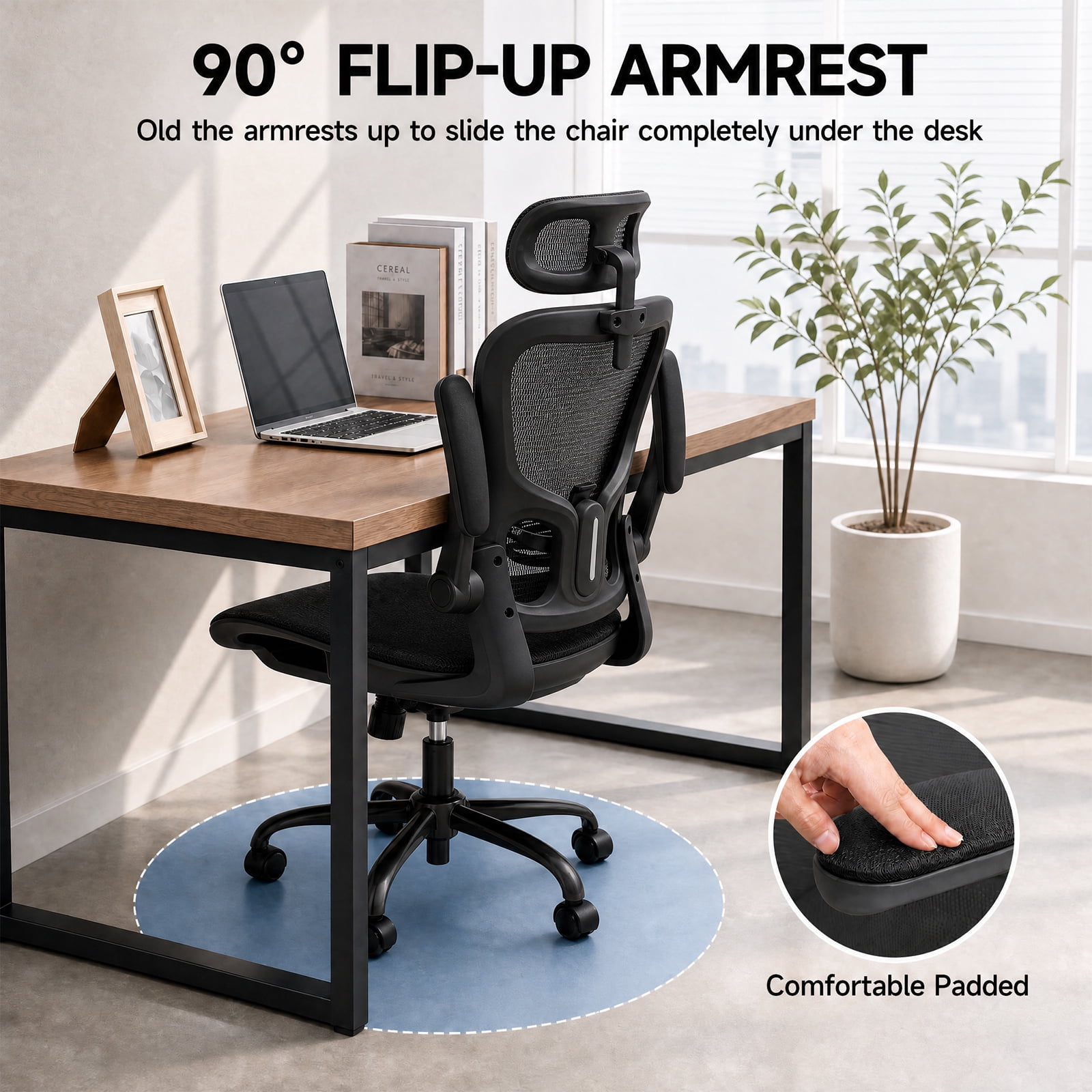 LUCKLIFE Ergonomic Mesh Office Chair, High Back Task Chair with Flip-up Arms, Adjustable Headrest & Lumbar Support for Home Office, Black