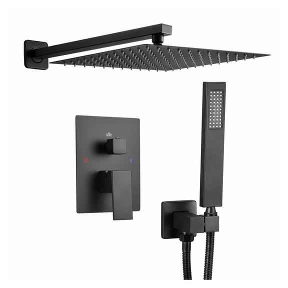 Rainfall Shower System, Matte Black Shower Faucet Set with 12-Inch Square Head & Handheld Spray, Wall Mounted Bathroom Fixtures, Brass Valve, High Pressure