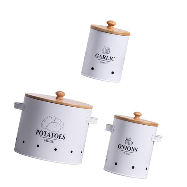 Container de almacenamiento de vegetales de 3 piezas lata de almacenamiento de vegetales con agujero de ventilación Metal Farmhouse Canista de cocina Blanco