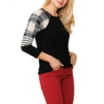 thumbnail image 2 of Womens Long Sleeve Plaid Stripe Colorblock Round Neck Shirt, 2 of 3