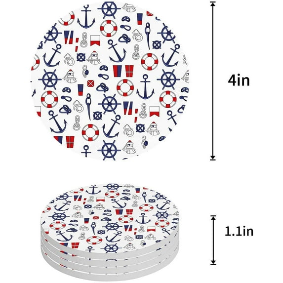 FMSHPON Nautical Anchor Set of 6 Round Coaster for Drinks, Absorbent Ceramic Stone Coasters Cup Mat with Cork Base for Home Kitchen Room Coffee Table Bar Decor