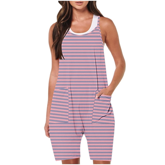 FAIWAD Rompers for Women Summer Casual Short Jumpsuits Overalls with Pockets 2024 Striped Jumpers
