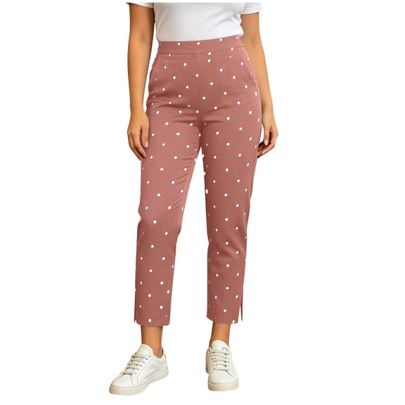 Levmjia Women Polka Dot Print Pants High Waisted Casual Pants with Pockets Ankle Length with Side Slit Elastic Waist Trousers