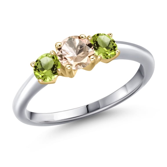 Gem Stone King 10K Two Tone Gold Peach Morganite and Green Peridot Engagement Ring for Women | 1.00 Cttw | Round 5MM | Gemstone October Birthstone | Size 7