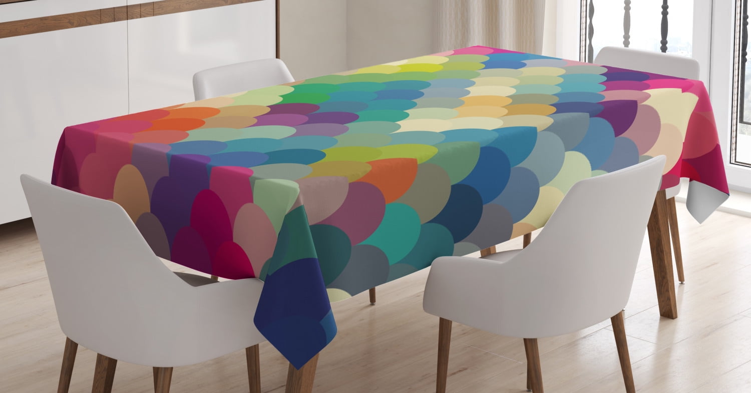 Abstract Tablecloth, Colorful Retro Style Scales Inspired Wave Pattern