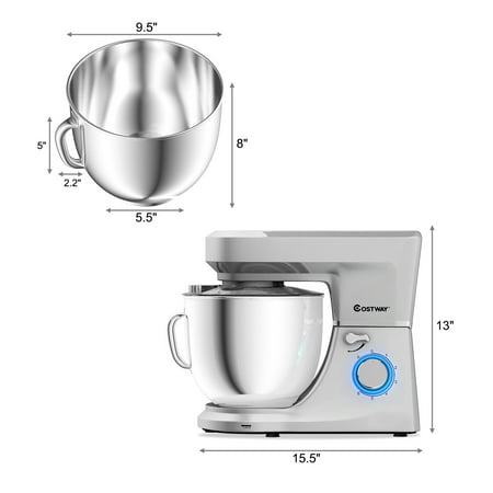 Costway - Tilt-Head Stand Mixer 7.5 Qt 6 Speed 660W with Dough Hook, Whisk & Beater - Silver