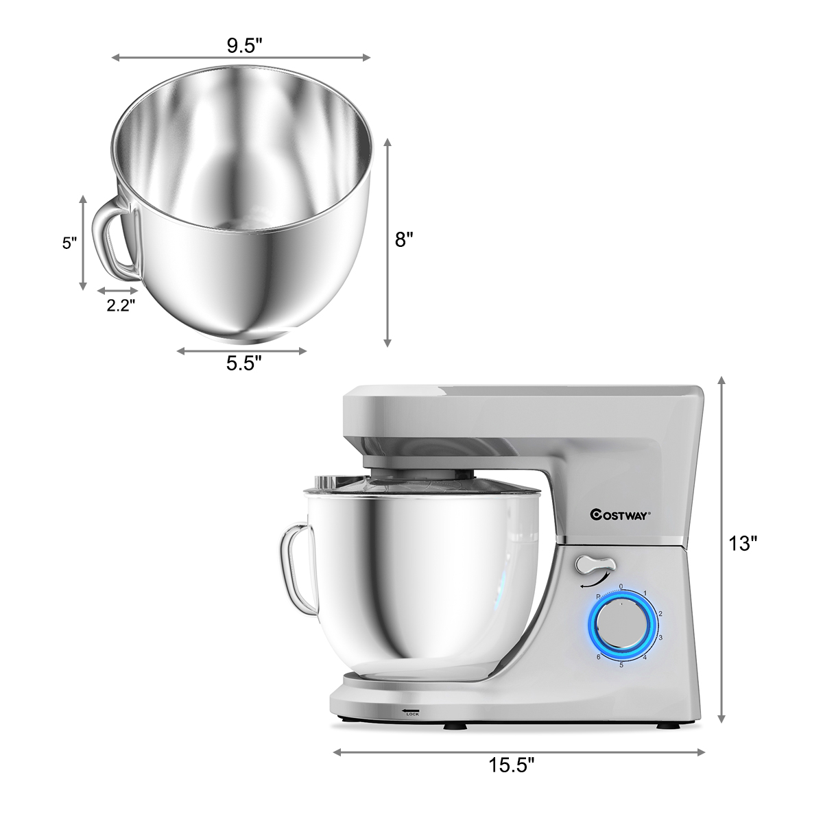 Costway Tilt-Head Stand Mixer 7.5 Qt 6 Speed 660W with Dough Hook, Whisk & Beater Silver - image 2 of 10