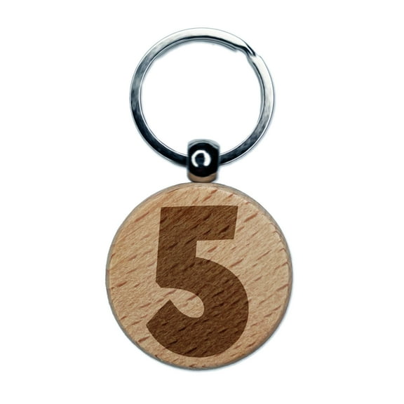 Number 5 Five Fun Bold Font Round Keychain Charm Tag - Engraved Wood