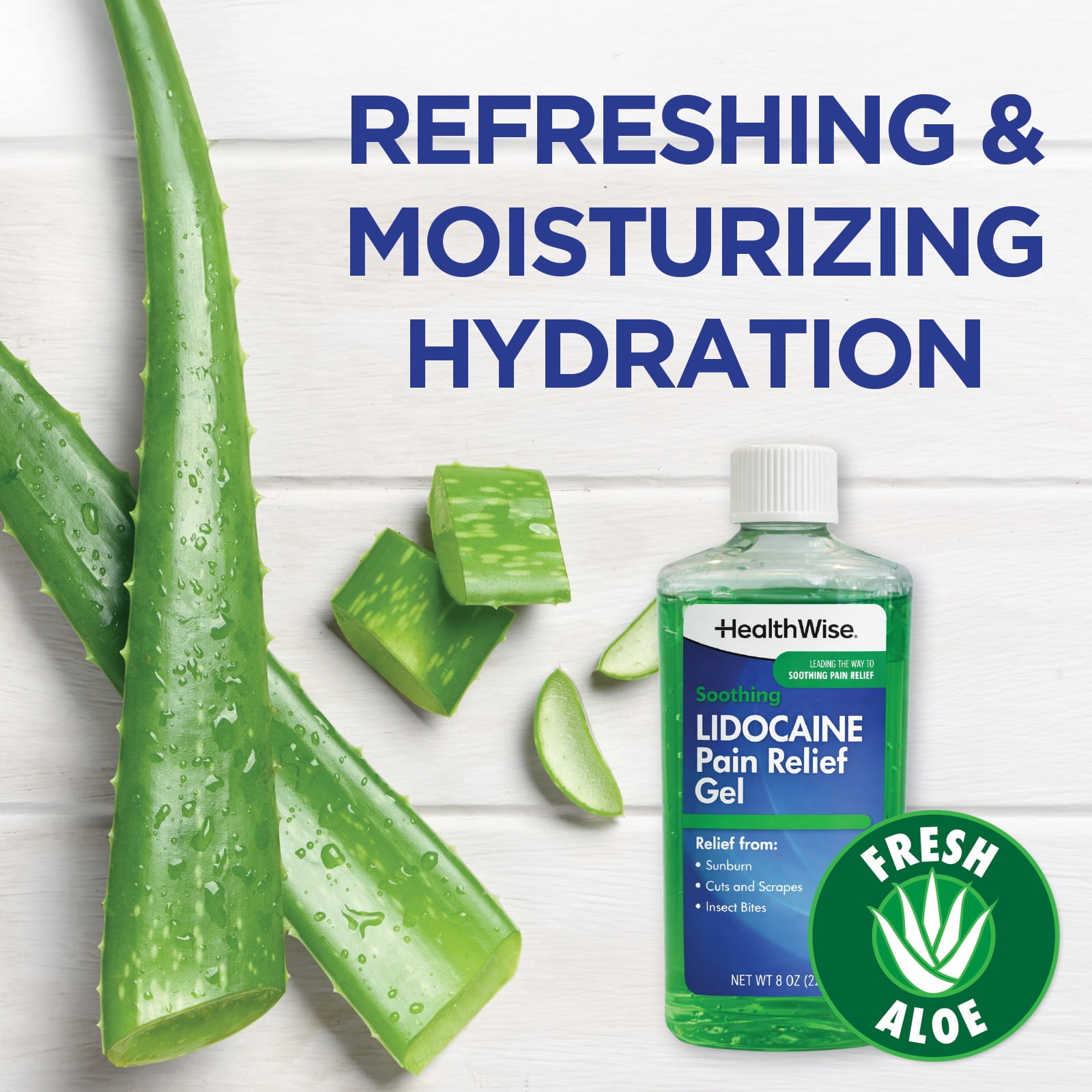 HealthWise Soothing Lidocaine Gel | Sunburn Relief | Fast Acting & Long Lasting | With Aloe Vera | Ideal for Insect Bites and Minor Burns | 8.0 Oz (226g)