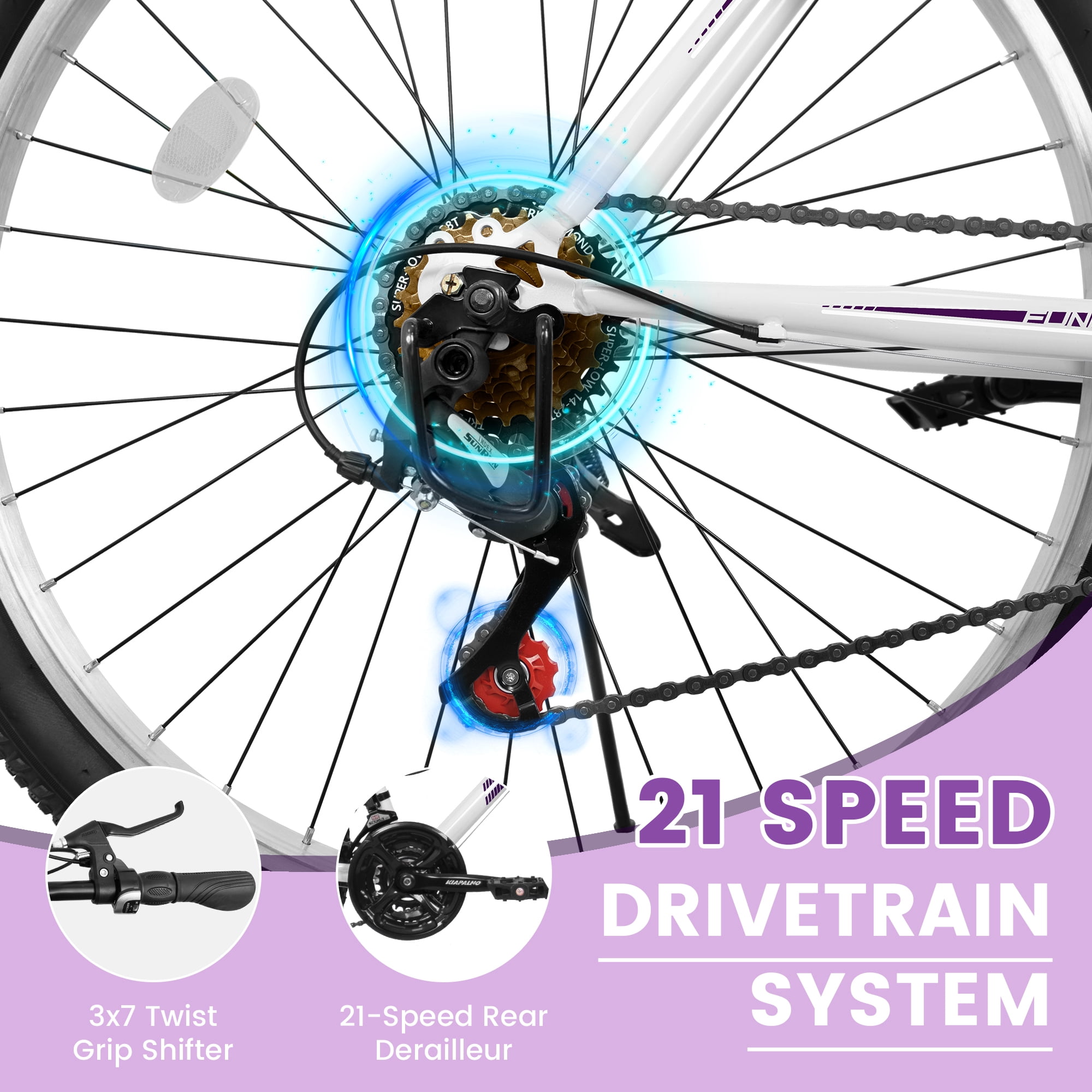 24 Inch Mountain Bike for Girls Women, 21 Speed Mountain Bicycle with V-Brake and Carbon Steel Frame, Female Commuting City Bike to School Work, White