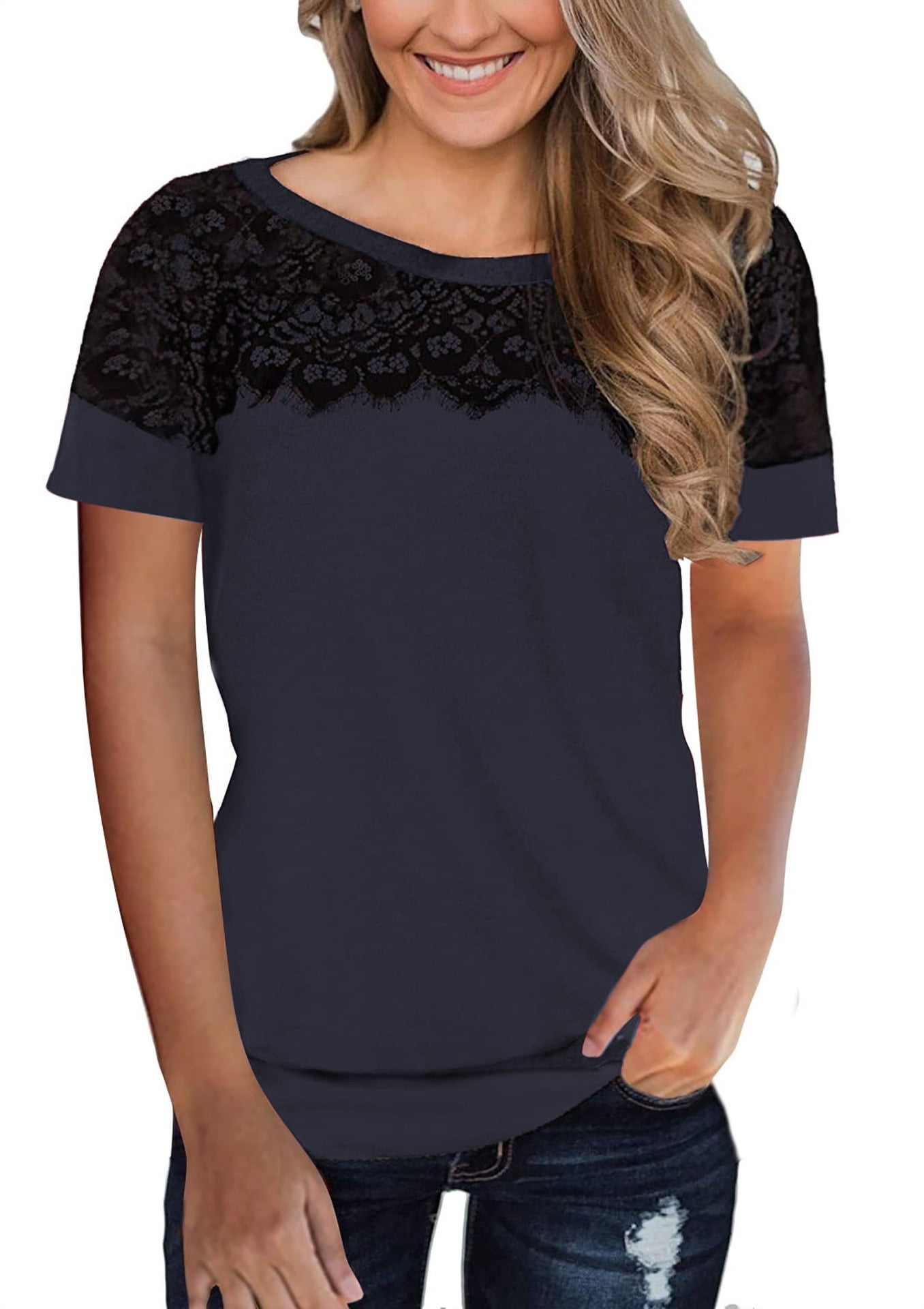Women's Lace Shirts Elegant Lace Tops Short Sleeve Crewneck Casual Tops
