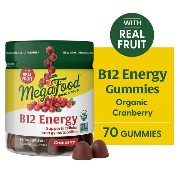 MegaFood Vitamin B12 Energy Gummies - Vegan Methyl B12 Vitamins - Cranberry - 35 Servings