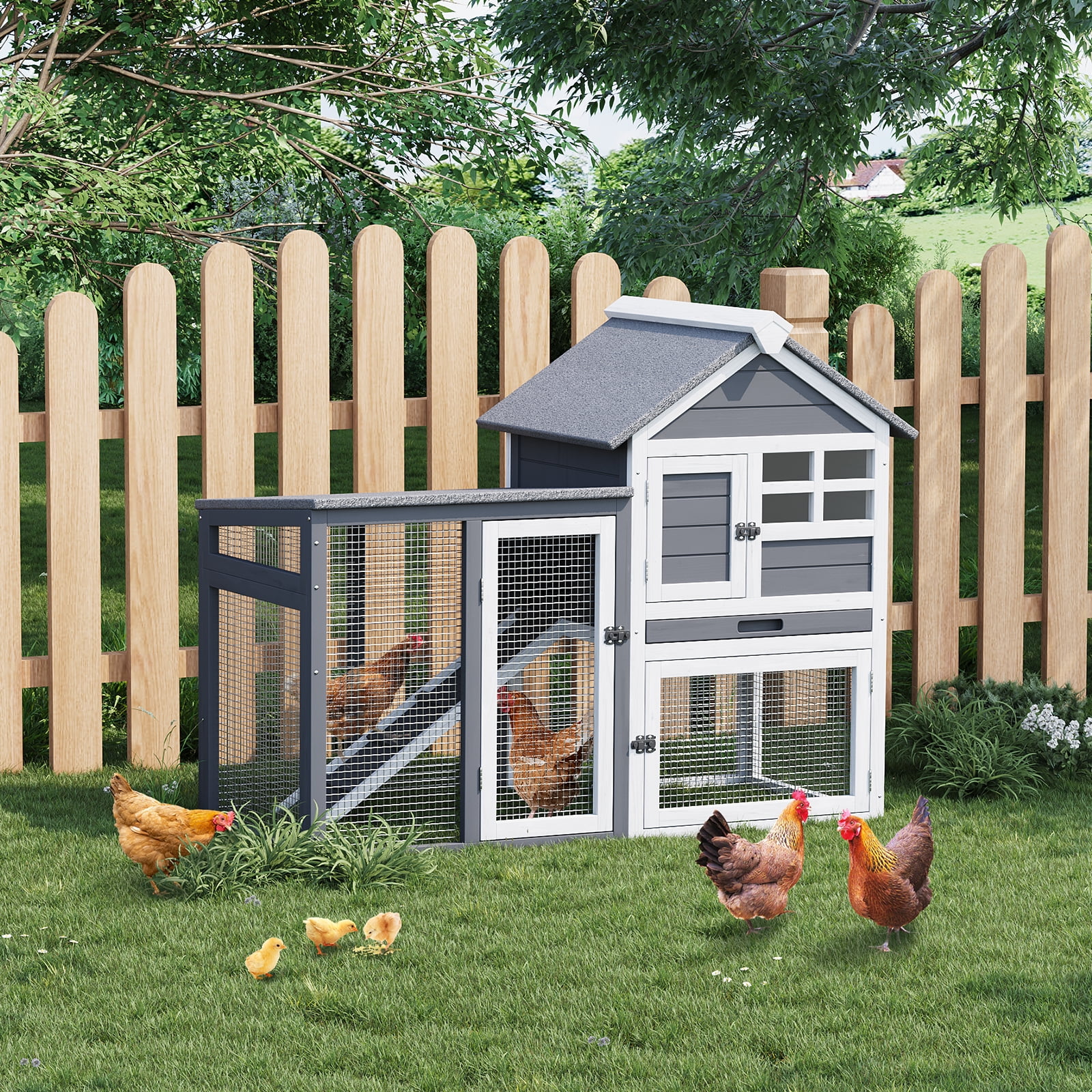 Gaderth 2-Story Rabbit Hutch Outdoor, Wooden Bunny Hutch with Pull-Out Tray & Ramp, Bunny Cage Indoor with Waterproof Roof Poultry Cage for Hen Duck Guinea Pig