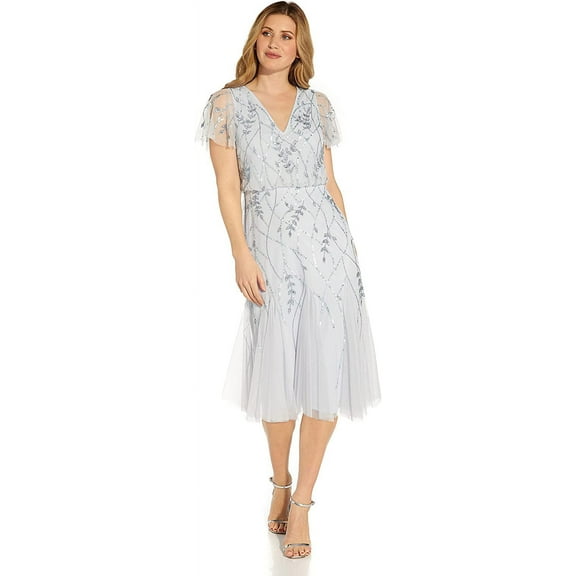 Adrianna SERENITY Women's Papell Beaded V Neck Cocktail MIDI Dress, US 2