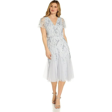 Adrianna SERENITY Women s Papell Beaded V Neck Cocktail MIDI Dress US 2