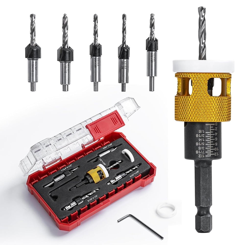 5 Pcs Adjustable Countersink Drill Bit Set with Depth Stop for Woodworking