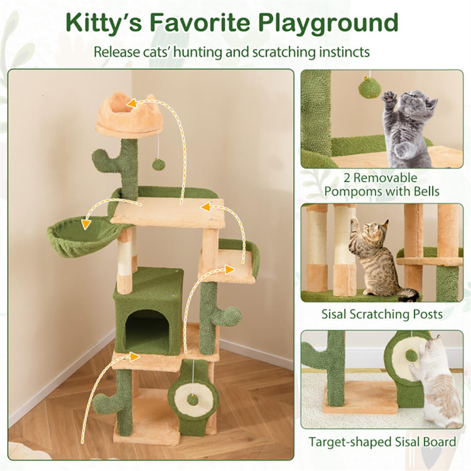 Kadyn 63" Cactus Cat Tree with Toy, Cat Tower Condo for Indoor Cats with Cozy Hammock, Sisal Scratching Posts and Board, Green