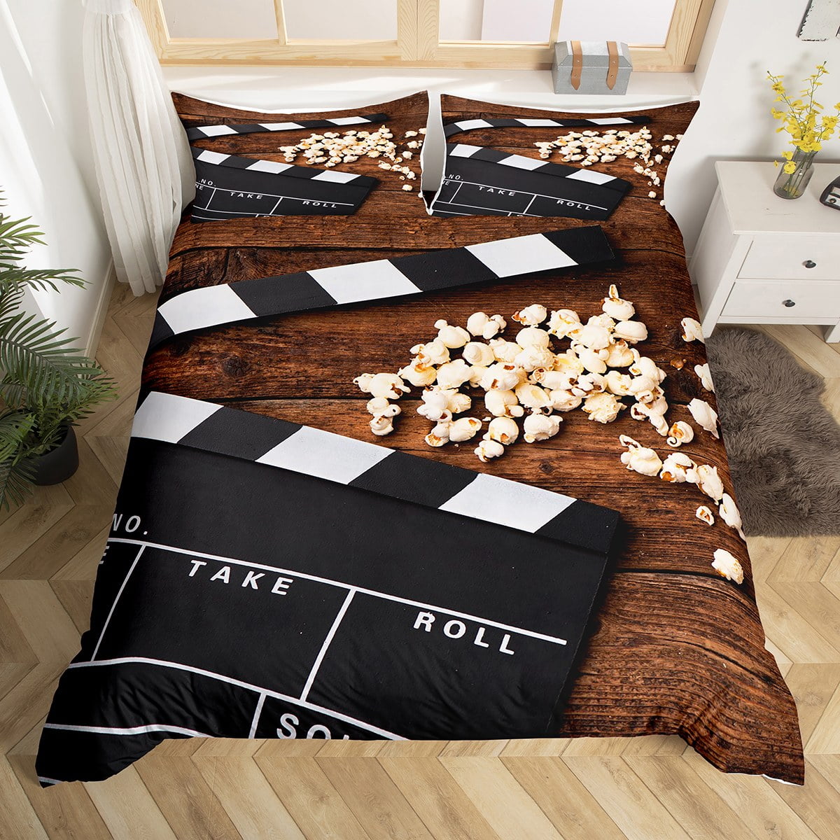 YST Old Movie Theatre Bedding Sets Full Vintage Clapboard Comforter Cover, Sweet Popcorn Bed Set