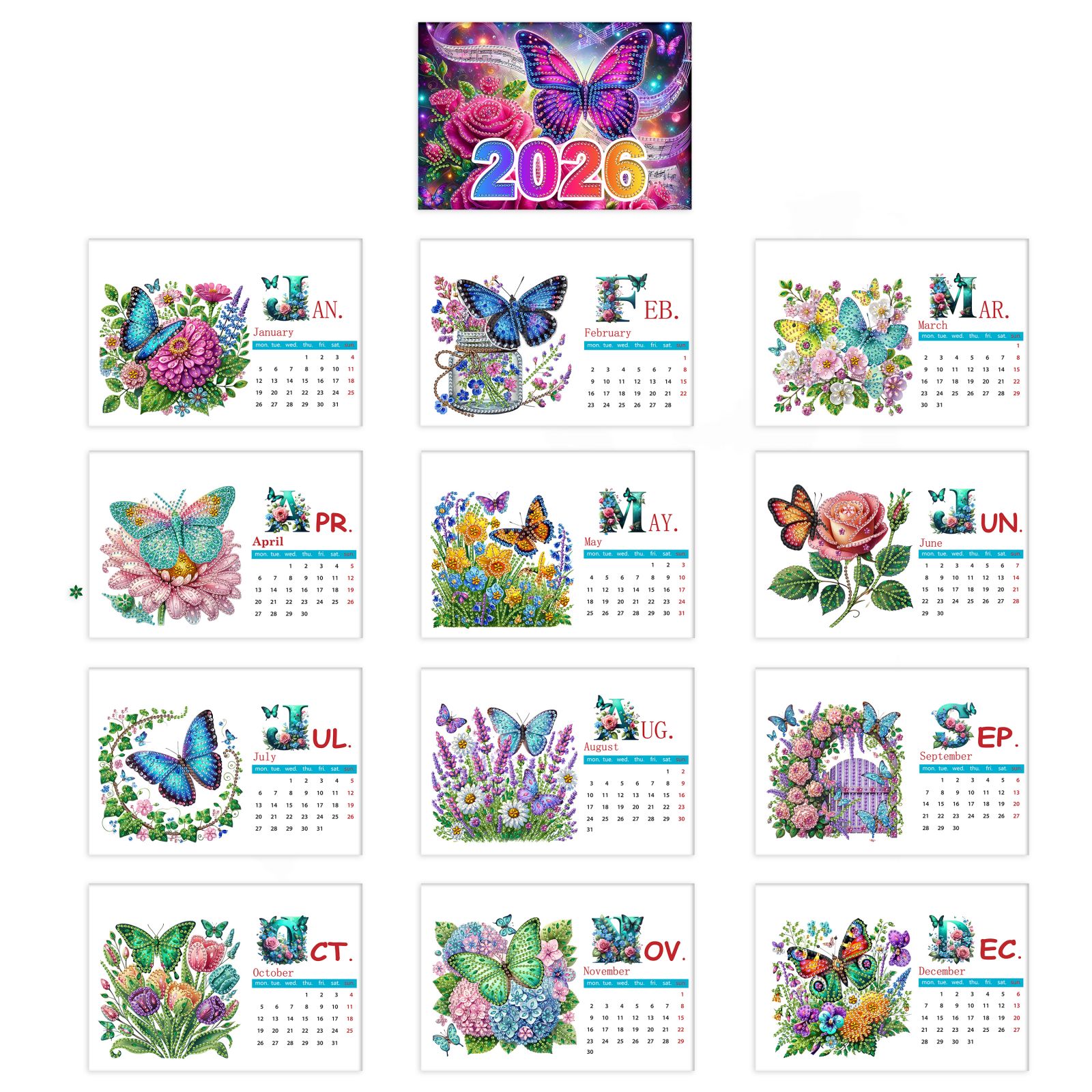 FLOPESN 2026 DIY Diamond Art Painting Desk Calendar,Thick Paper Monthly Flip Tabletop Calendar with To Do List for Home Office Planning-Butterfly