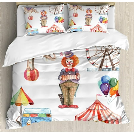 - Circus Duvet Cover Set, Circus Elements with Clown Elephant Balloons Ice Cream Cart Watercolor Illustration, Decorative Bedding Set with Pillow Shams, Multicolor, by Ambesonne