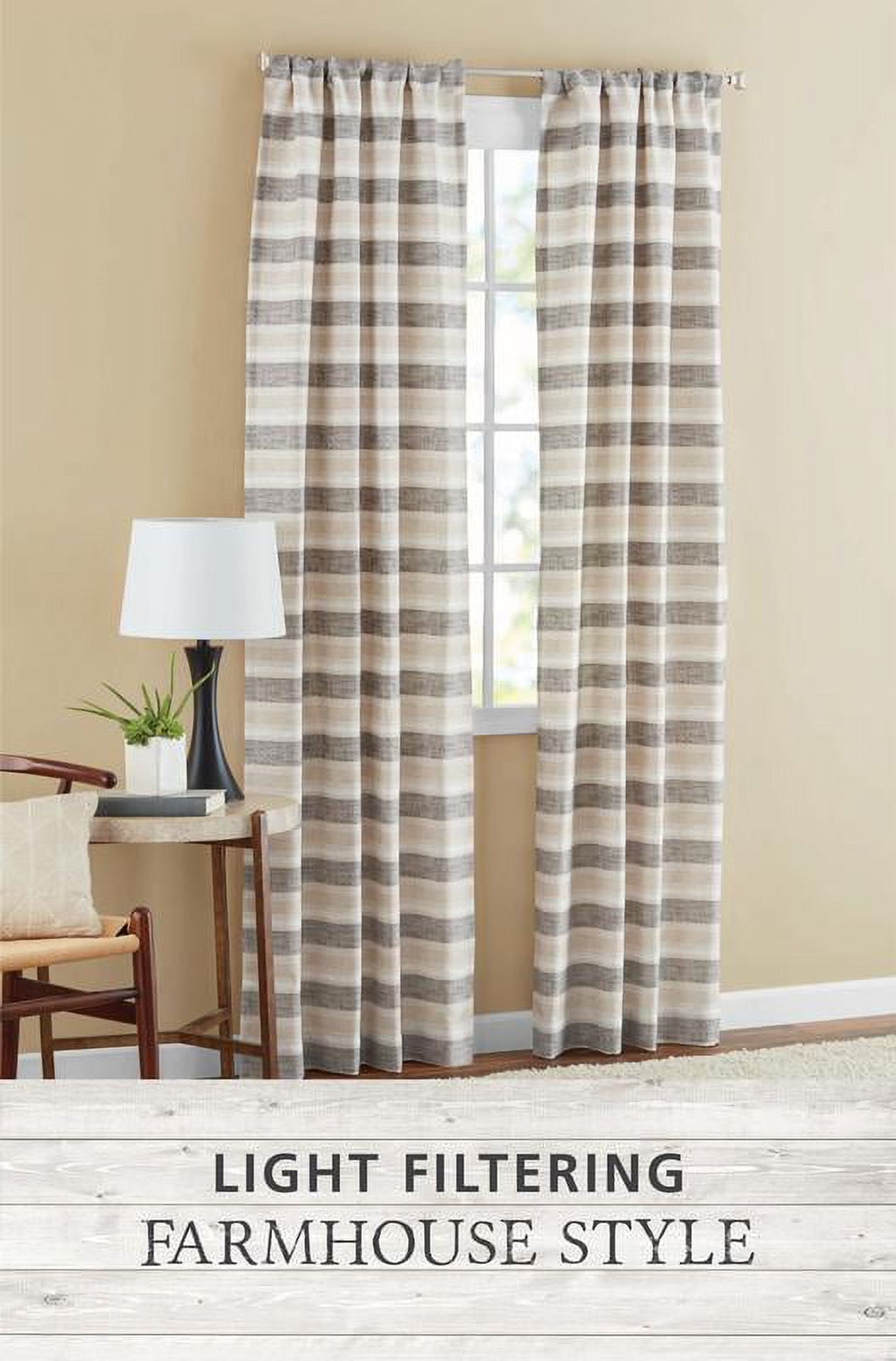 Mainstays Farmhouse Stripe Light Filtering Rod Pocket Panel Pair, Set of 2, Beige, 76 x 84