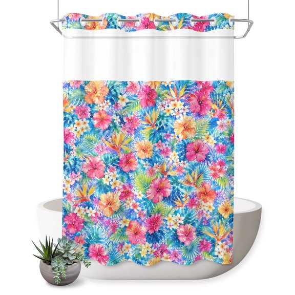 No Hook Shower Curtain, Summer Bohemia Shower Curtains for Bathroom with See Through Top Window, Watercolor Botanical Flowers Birds Tropical Waterproof & Washable Bath Curtain Extra Long 72"x84"