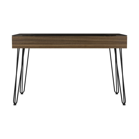 Industrial mahogany desk with glass top metal legs and a big drawer for daily office tasks