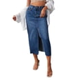 thumbnail image 2 of Denim Midi Skirt for Women High Waisted Front Slit Washed Blue Raw Hem Jean Skirt Streetwear, 2 of 8