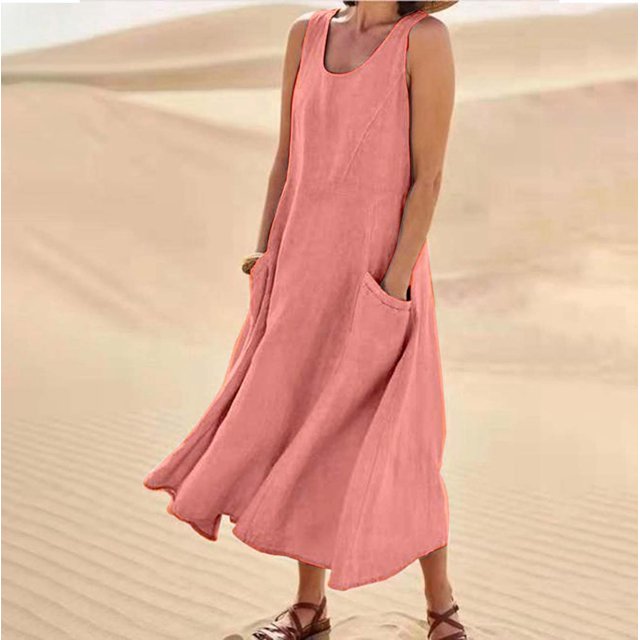 WILLBEST Vestidos De Verano Vestido Largo Informal De Lino De Color Liso Sin Mangas Con Cuello Redondo Y Bolsillos Para Mujer