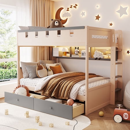 DRNANLIT Full Size Castle Theme Loft Bed with Storage Drawers & Nightlight Bookshelf, Solid Pine Wood, Safe Rounded Edges, Ideal for Small Rooms, Gray