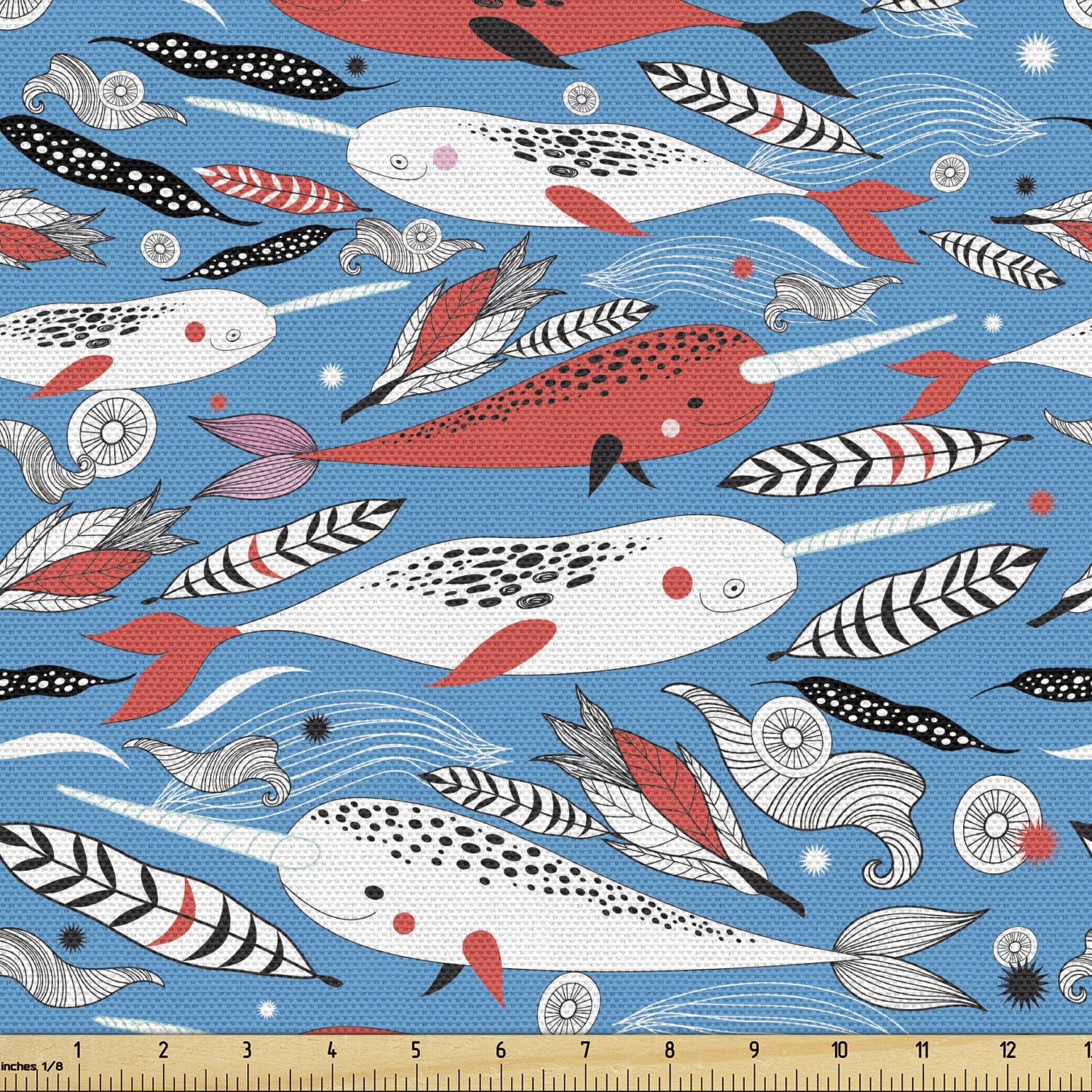 Narwhal Fabric by the Yard, Underwater Life Themed Whale and Bird