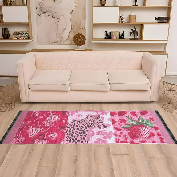Pink Cheetah Strawberries Runner Rug Non-Slip Area Rugs Linen Washable Non Shedding for Kitchen Bedroom Carpet
