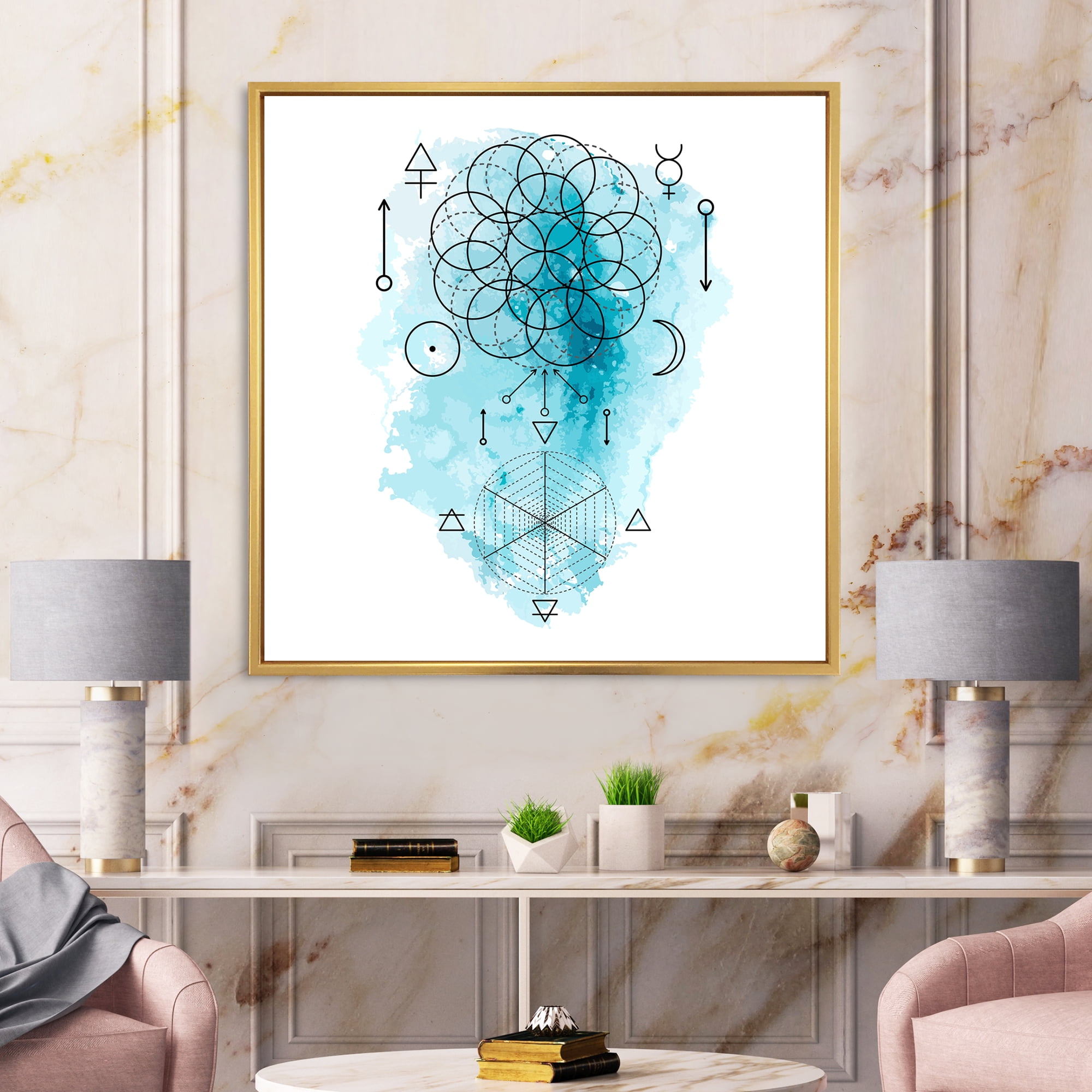 Designart 'Sacred Geometry and Symbol of Alchemy I' Bohemian & Eclectic Framed Canvas Wall Art Print