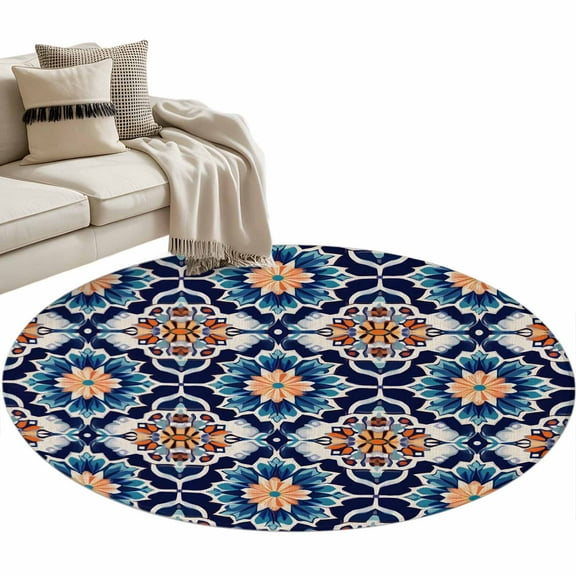 Orange Blue Round Area Rug 3 FT, Small Kitchen Bathroom Mat, Morocco Boho Abstract Floral Ethnic Tribal Washable Indoor Outdoor Throw Runner Carpet Non-Shedding Doormat for Table Shower Sofa Entryway